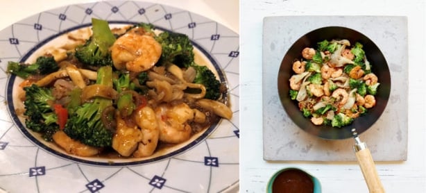 Right, king prawn and broccoli stir-fry from Mary Berry Quick Cooking; left, Lauren's version (Lauren Taylor/Georgia Glynn Smith/PA)