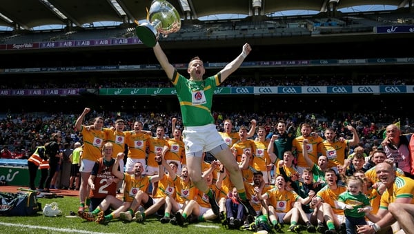 Goalkeeper Declan Molloy celebrates Leitrim's Lory Meagher Cup win with his team-mates
