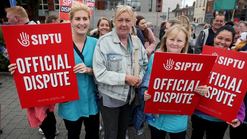 Health support staff on strike at St James's Hospital in Dublin