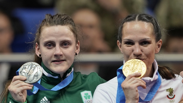 Michaela Walsh with her silver medal alongside Stanimira Petrova