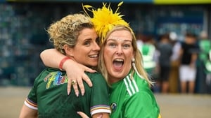 Former Ladies Football All-Star Valerie Mulcahy (L) with comedian Katherine Lynch at Croke Park before setting off to join the parade