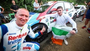 Craig Breen and Paul Nagle after winning Rally Ypres