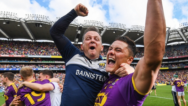 Davy Fitzgerald (L) celebrates with Lee Chin after Wexford's Leinster final triumph