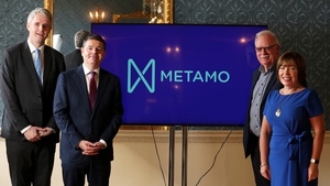 Denis McCarthy, CEO of Fexco, Minister for Finance Paschal Donohoe with Claire Lawton, CEO St Canice's Credit Union Kilkenny and Joe O'Toole, Chairperson of MetaCU at today's launch