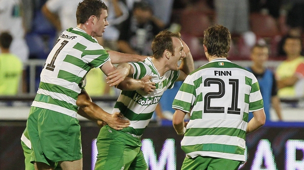 Stepehn O'Donnell is mobbed after scoring against Partizan Belgrade