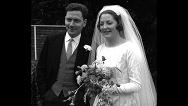 RTÉ broadcasters Gay Byrne and Kathleen Watkins married in Saggart Parish Church on 25 June 1964.