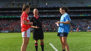 Ciara O'Sullivan of Cork and Dublin's Sinéad Aherne prior to 2018 All-Ireland final