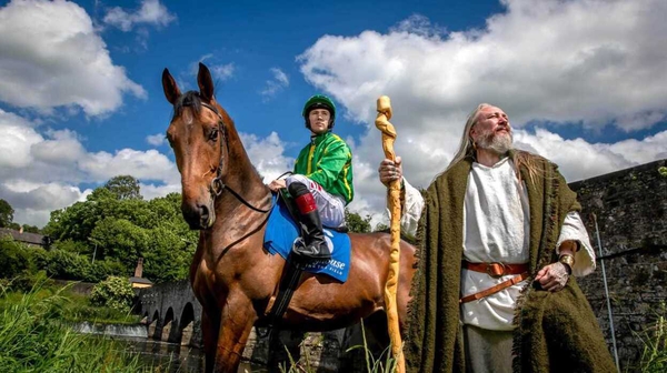 Jockey Colin Keane and Ruari O'Coileain in medieval garb 
by the banks of the River Boyne