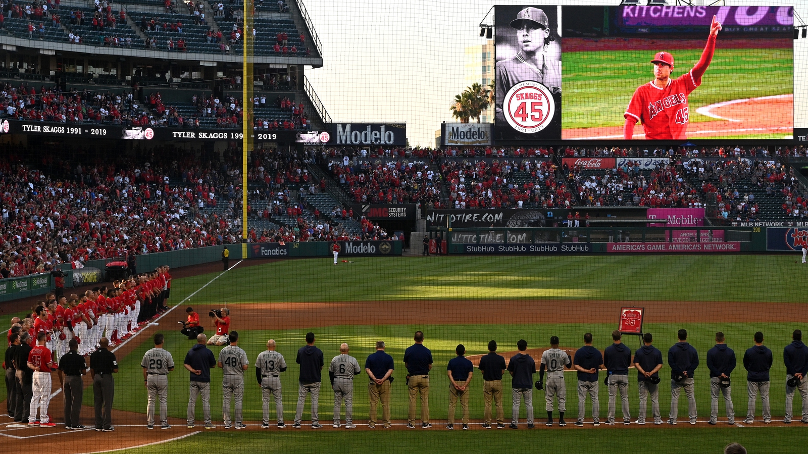 Wearing Tyler Skaggs' No. 45, Angels no-hit Mariners in 13-0 win