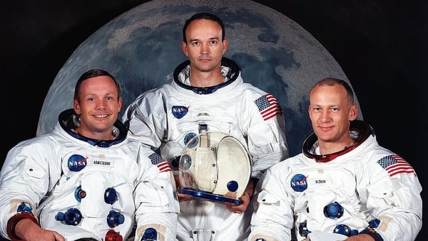 Neil Armstrong (left), who passed away in 2012, poses with Michael Collins (c) and Buzz Aldrin (r) before their historic flight in 1969