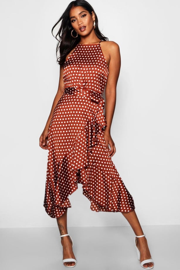 Satin polka dot 2025 frill detail midi dress