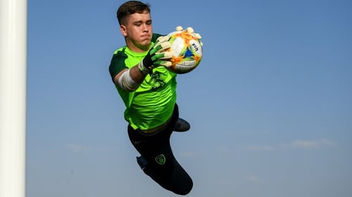 St Pat's goalkeeper Brian Maher makes a spectacular save during Republic of Ireland Under-19 training