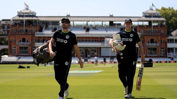 James Shanon (left) and Kevin O'Brien coming off the hallowed turf at Lord's following a nets session ahead of the historic Test