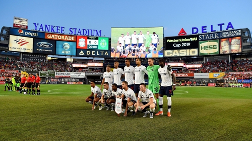 New York, United States. 24th July, 2019. Sporting CP mascot lion Jubas as  seen on the pitch before game between Liverpool FC and Sporting CP at Yankee  stadium Game anded in draw