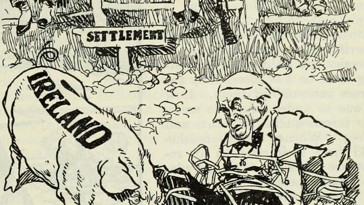A cartoon shows Lloyd George tangled up by the Irish Question