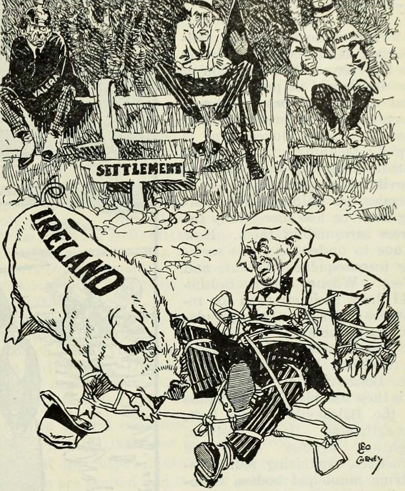 Image - Cartoon showing Lloyd George being tangled up by the Irish question, with Éamon de Valera, Edward Carson and Joseph Devlin looking on. Photo: Literary Digest, 10 August 1919