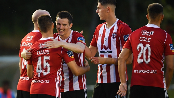 Derry City's Conor Davis is congratulated after he found the net