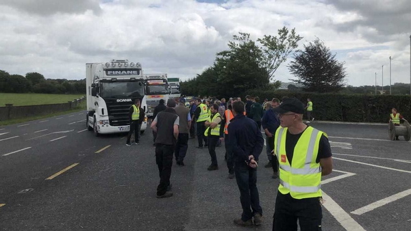 Trucks being blocked from entering the Dawn Meats property at Grannagh