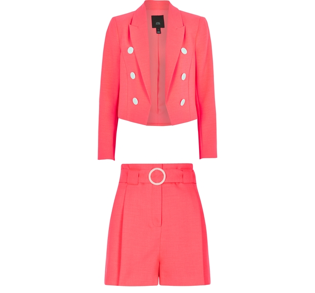 River Island Neon Pink Cropped Blazer; Neon Coral Belted Short