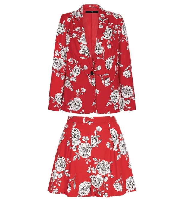 V by Very Red Printed Linen Shorts; Red Floral Printed Blazer