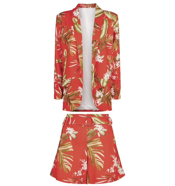 Cameo Rose Red Tropical Blazer; Red Tropical Belted Shorts