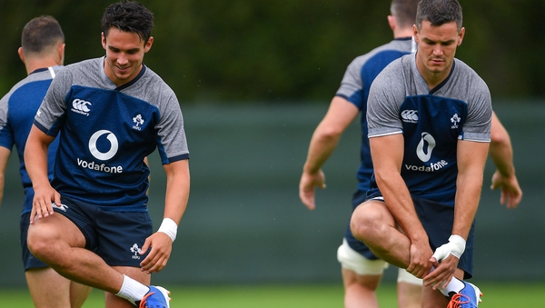 Joey Carbery and Johnny Sexton pictured at training last week