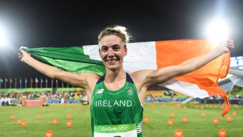 Natalya Coyle celebrating her sixth place finish at the Rio Olympics in 2016