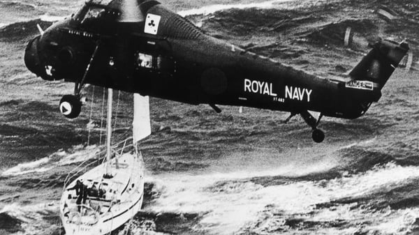 A Royal Navy helicopter rescues the crew of the yacht Camargue during the August 1979 Fastnet Race