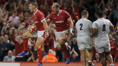 Liam Williams George North celebrates the only try of the game in Cardiff