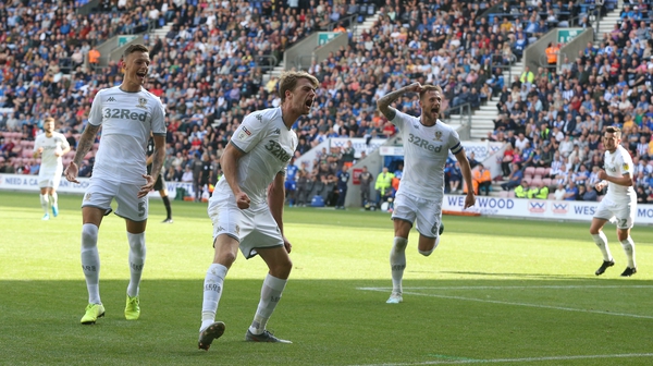 Patrick Bamford celebrates after scoring for Leeds