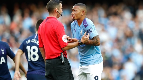 Manchester City's Gabriel Jesus appeals to referee Michael Oliver after his goal is ruled out by VAR