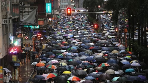 Protesters display symbolic umbrellas at a recent protest in Hong Kong