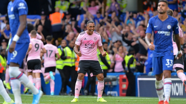 Leicester City's Youri Tielemans celebrates his team's equaliser at Stamford Bridge