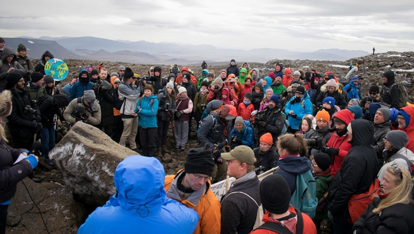 A monument is unveiled at the site of Okjokull in the west of Iceland