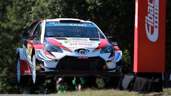 Kris Meeke and his co-driver Sebastian Marshall steer their Toyota Yaris WRC during stage 15 of the Rally Germany