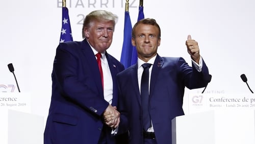 Donald Trump and Emmanuel Macron pictured at the closing press conference of the G7 summit in France