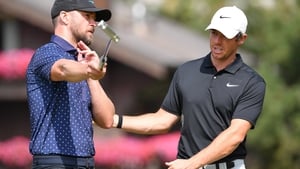Rory McIlroy with Justin Timberlake during the pro-am at the Crans-sur-Sierre Golf Club