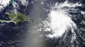 A NASA satellite image showing Hurricane Dorian as it approaches the east coast of Puerto Rico
