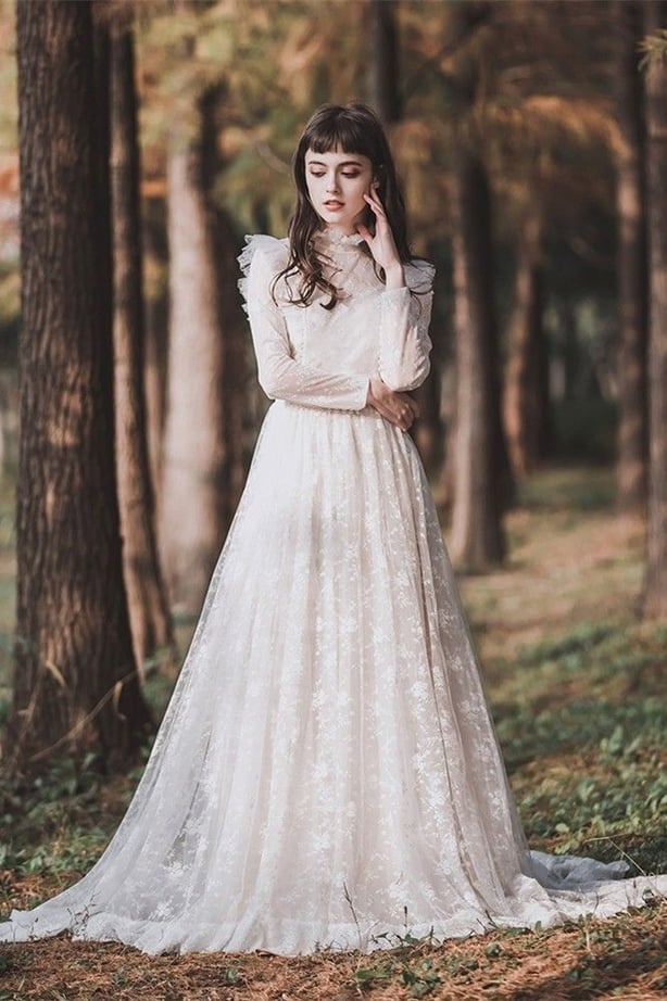 Union Dresses Modest High Neck Long Sleeve Lace A Line Wedding Dress With Ruffles Pearls