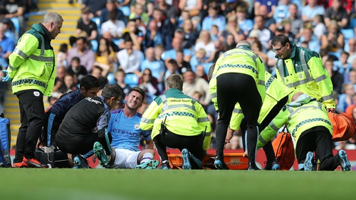 Aymeric Laporte sustained his injury in a tackle with Adam Webster in the first half of Man City's 4-0 Premier League win over Brighton