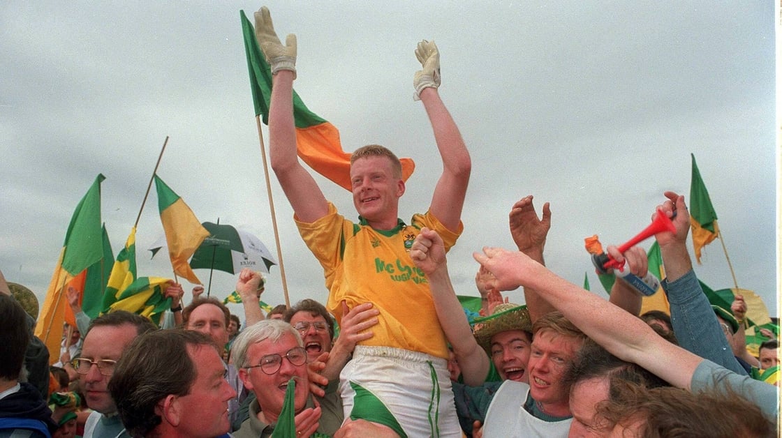 Image - Declan D'Arcy is held aloft after Leitrim's victory over Mayo in the 1994 Connacht football final
