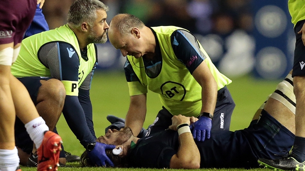 Ben Toolis lies injured on the Murrayfield pitch