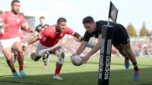 New Zealand's young winger George Bridge ran in four tries as Tonga were battered in Waikato