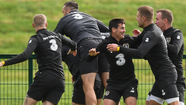 Republic of Ireland players James McClean, Shane Duffy, Josh Cullen, James Collins and Glenn Whelan get in a tangle at training.