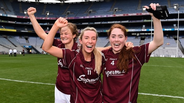 Sarah Conneally, Megan Glynn and Sarah Lynch celebrate the semi-final victory over Mayo