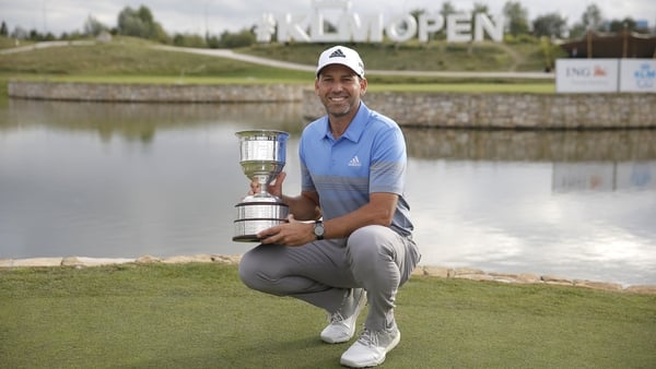 Sergio Garcia poses with the trophy Badhoevedorp