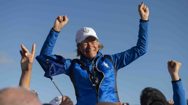 Europe captain Catriona Matthew celebrates after Europe won the Solheim Cup at Gleneagles