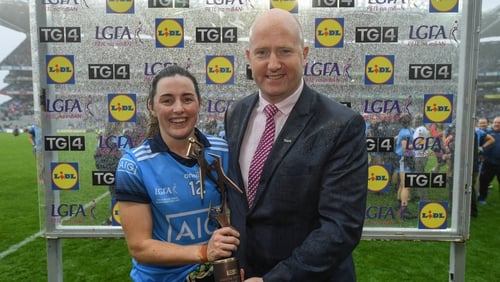 Lyndsey Davey receiving the Player of the Match award at the end of today's All-Ireland senior ladies final