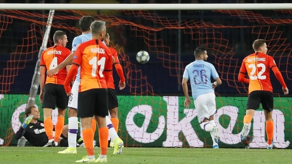 Manchester City's Riyad Mahrez opens the scoring in Kharkiv