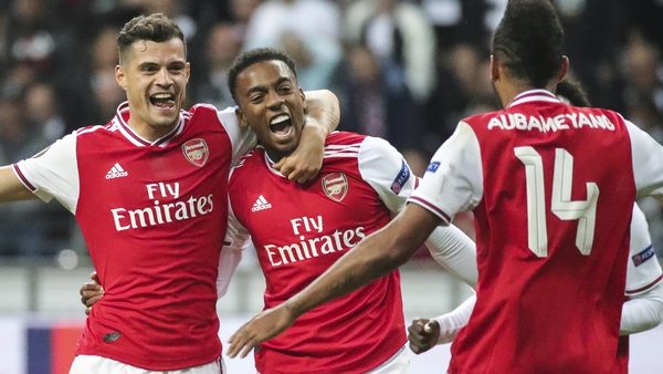 Arsenal's Joe Willock celebrates with team-mates Granit Xhaka and Pierre-Emerick Aubameyang after scoring the opener